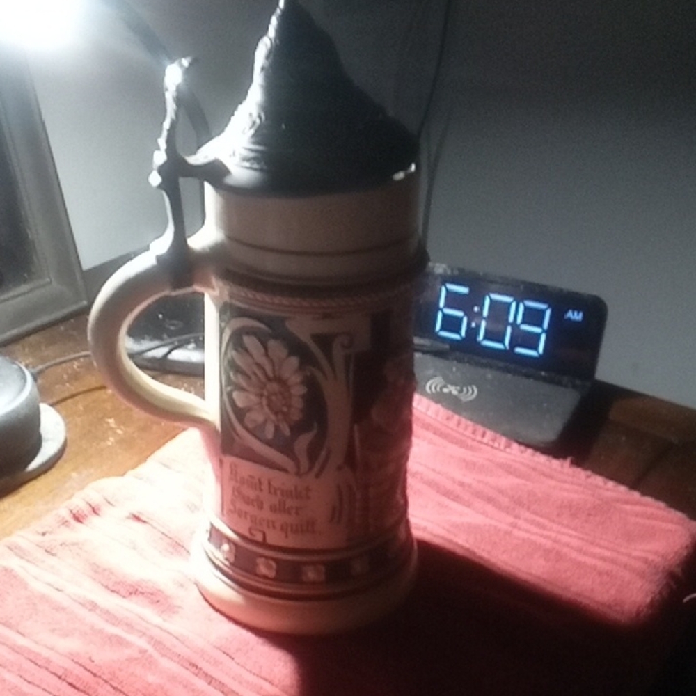 Floral Ceramic Stein with Pewter Lid